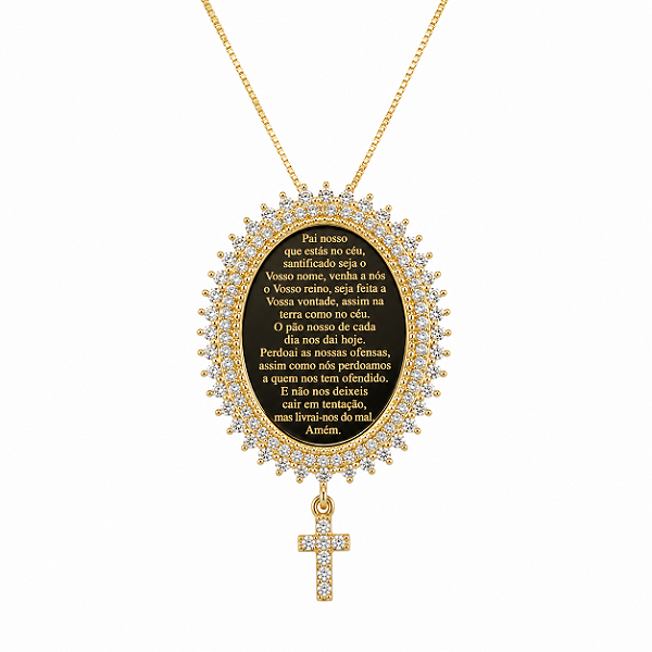 COLAR DOURADO VENEZIANA COM PINGENTE MEDALHA "PAI NOSSO" 42,5MM COM PEDRAS DE ZIRCÔNIAS AO REDOR - 45CM