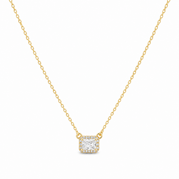 COLAR DOURADO CORRENTE FININHA COM PINGENTE RETANGULAR ZIRCÔNIAS 65MMX 55MM - 45CM + EXTENSOR