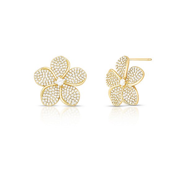 BRINCO DOURADO DE FLOR TODO CRAVEJADO