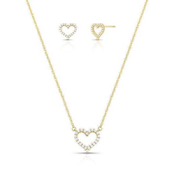 CONJUNTO DOURADO COM PINGENTE E BRINCOS DE CORAÇÃO VAZADO TODO CRAVEJADO