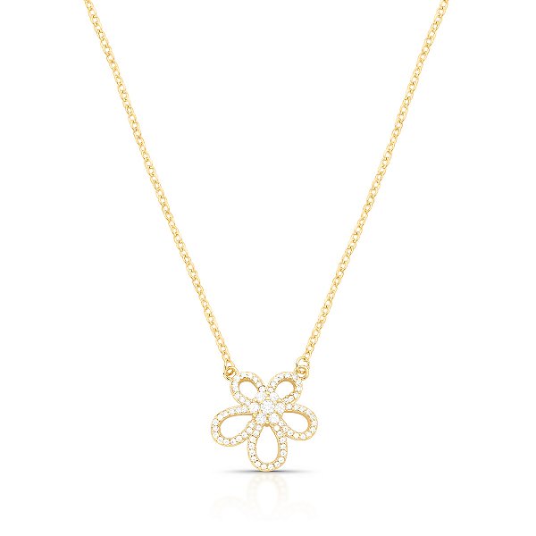 COLAR DOURADO COM PINGENTE DE FLOR VAZADO TODO CRAVEJADO 45+5CM