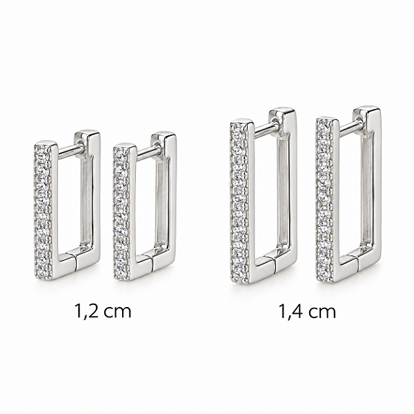 DUPLA DE ARGOLAS DE PRATA RETANGULAR CRAVEJADA - 1,2cm e 1,4cm