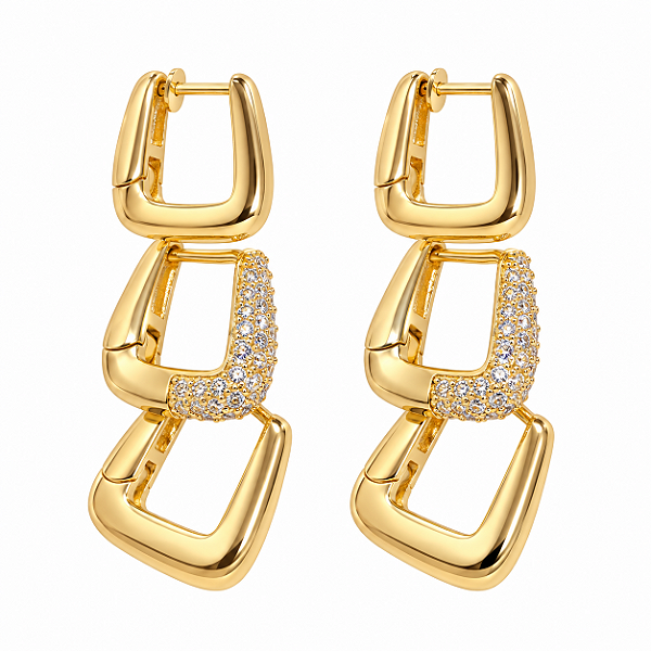 TRIO DOURADO DE ARGOLAS RETANGULARES DA MAIOR PARA MENOR METADE CRAVEJADAS E LISAS - 1,4cm, 1,6cm e 1,8cm
