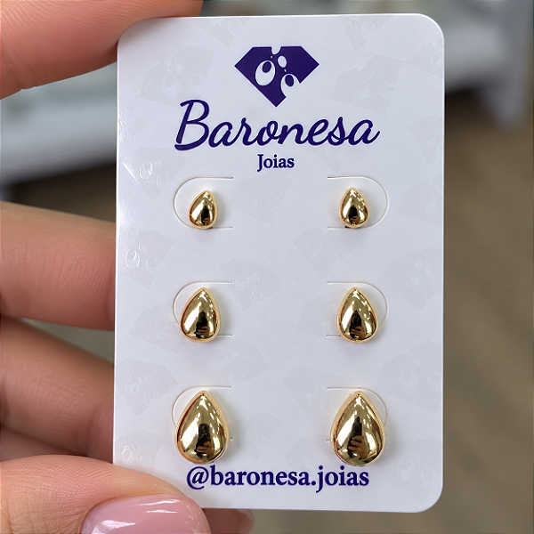TRIO DE BRINCOS DOURADOS DE GOTAS ABALOADAS 3 TAMANHOS PEQUENOS - 5mm, 6,5mm e 9mm