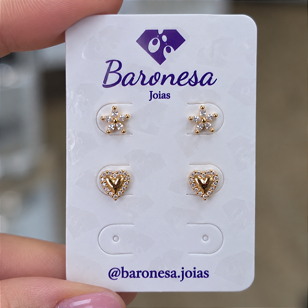 DUPLA DE BRINCOS DOURADOS ESTRELA E CORAÇÃO CRAVEJADO TARRACHA BABY - 4,7mm e 5,8mm