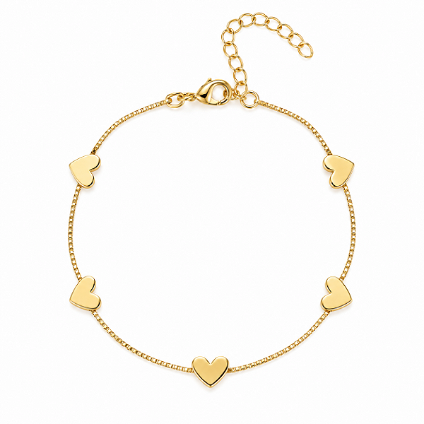 TORNOZELEIRA DOURADA COM CORAÇÕES CHAPA LISA - 20cm + 4,5cm extensor