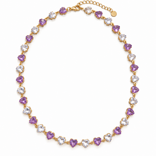 CHOCKER DOURADA MODELO RIVIERA DE CORAÇÕES ROXO E LILAS - pedras de 6mm - 30cm +10CM extensor