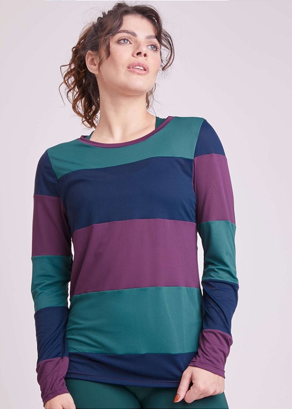 Camiseta Manga Longa Faixas Vinho/Verde/Roxo  Upcycling
