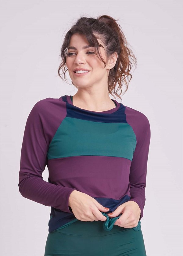 Camiseta Nadador Manga Longa Faixas Vinho/Verde/Roxo Upcycling