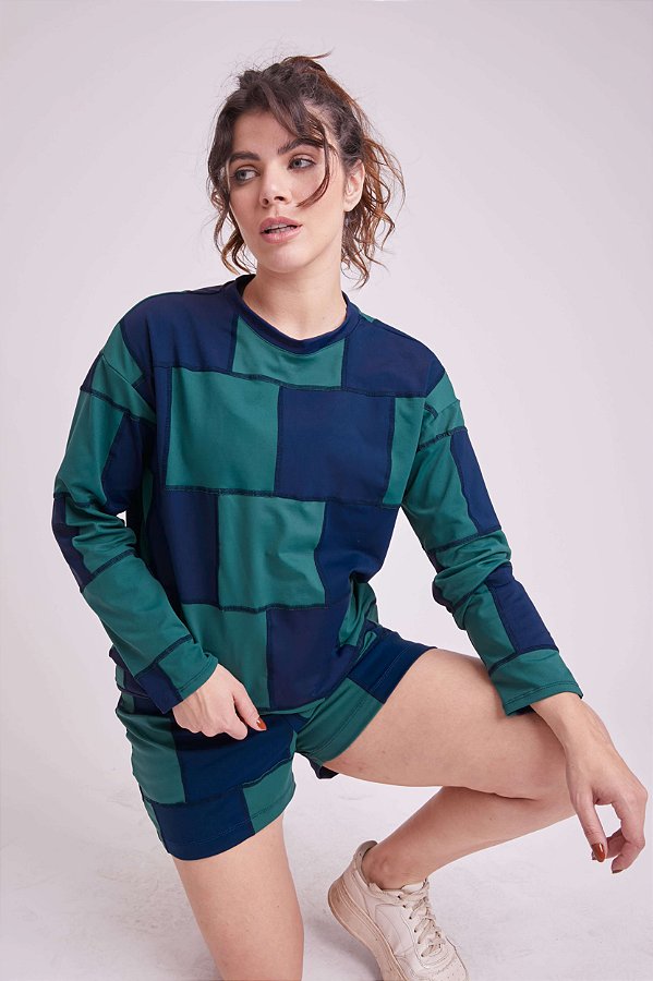 Moletom Quadrado Marinho e Verde Gola Careca Upcycling