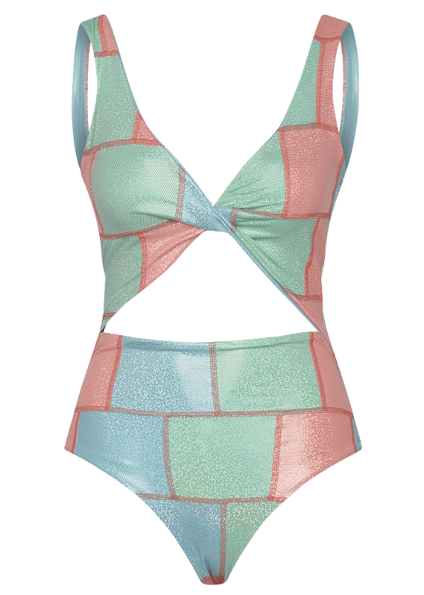 Body Barbarella com Brilho Verde e Coral Oricla Quadradros