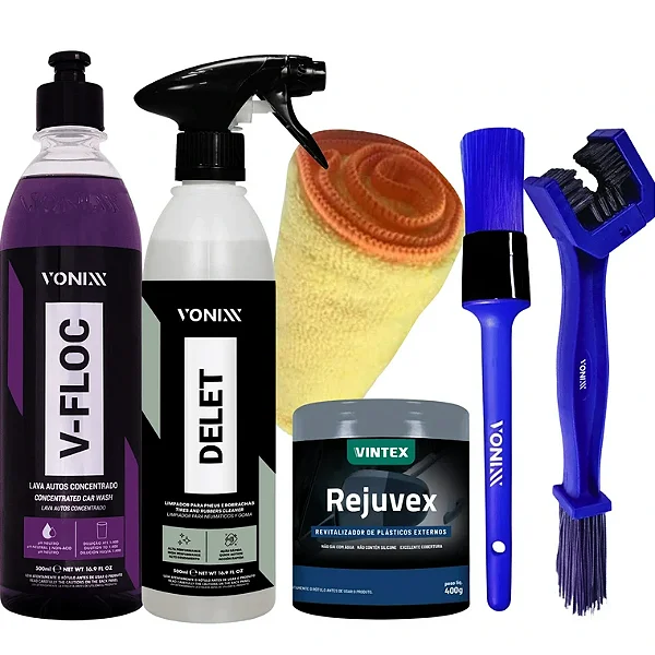 KIT LAVAGEM MOTO SHAMPOO ESCOVA LIMPA CORRENTE RENOVA PLÁSTICOS