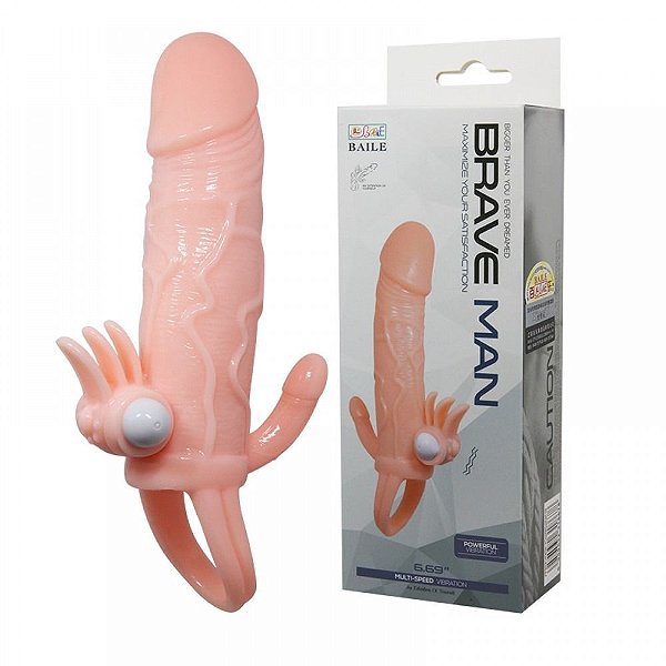 Capa Peniana Extensora de 4 cm Vibração e Anel Para Escroto - Brave Man