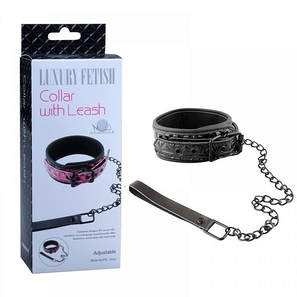 Coleira Afivelável com Guia BDSM 76 Cm Preto - COLLAR WITH LEASH