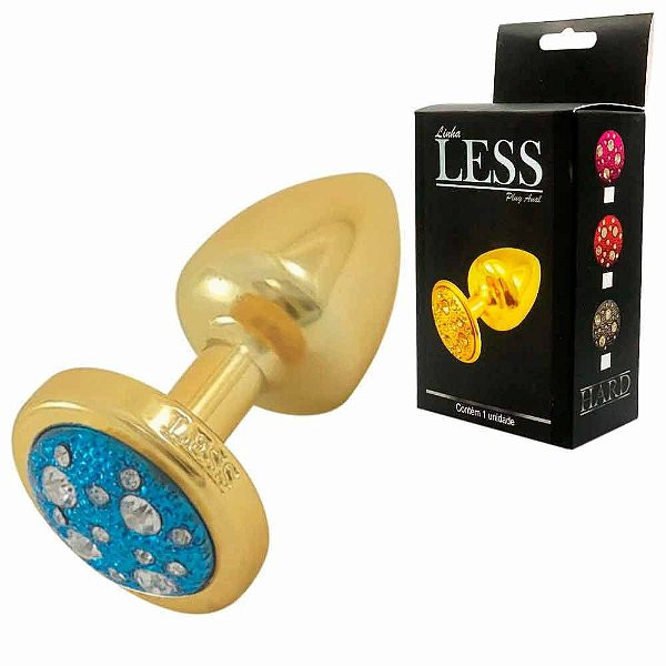 Plug Anal M Formato Cônico Jóias Cravejado Dourado Pedra Azul - Hard Less