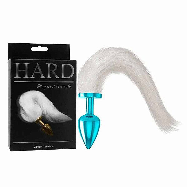 Plug Anal em Metal Azul Rabo Cauda Branca Fetiches - HARD