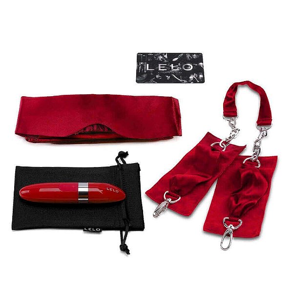 Kit Sensual com Venda em Seda, Algema e Estimulador de Clitóris em Forma de Batom - Lelo Adore Me