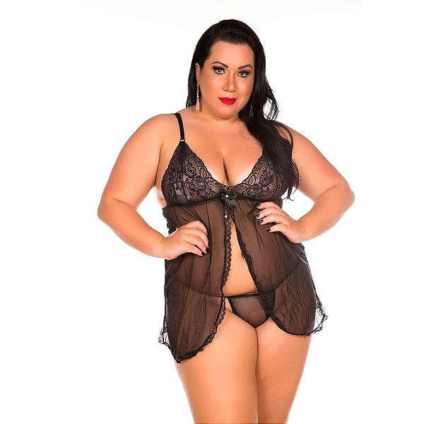 Camisola Carol Plus Size Preto Transparente - Lingerie Pimenta Sexy