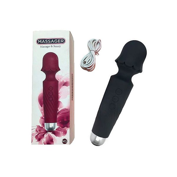 Massageador Varinha Flower Recarregável 20 Modos De Vibração Em Silicone Preto - Massager