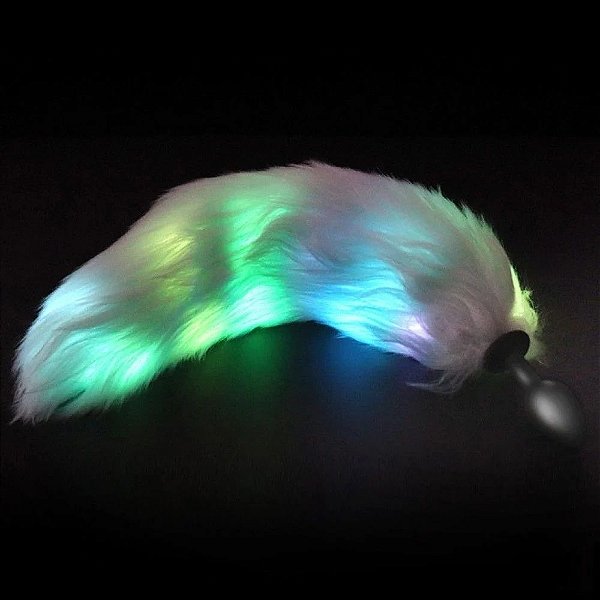 Plug Anal de Luxo com Formato Cônico em Silicone Rabo de Raposa e Luz Pisca Pisca Branco