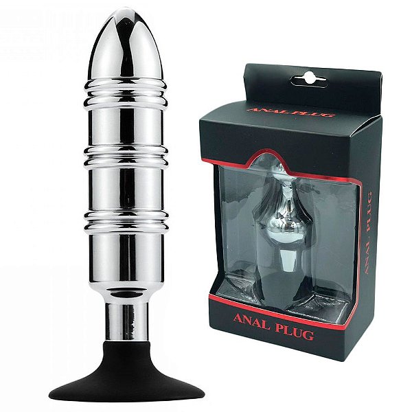Plug Anal em Alumínio com Linhas Massageadoras e Ventosa em Silicone 16,5 x 3,5 CM