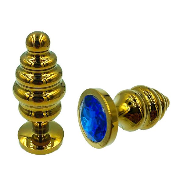 Plug Anal Em Metal Escalonado Dourado com Joia na Base BDSM Fetiche 9 X 3,5 Cm