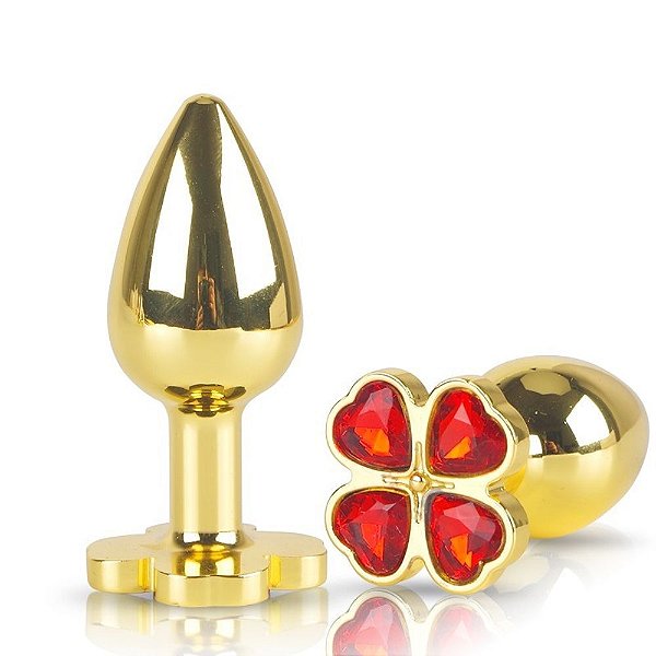 Plug Anal Formato de Trevo em Aço Inox com Pedra Colorida na Base Dourado 7 x 2,6 Cm