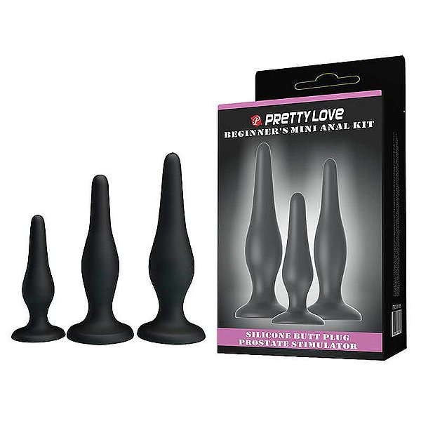 Kit com 3 Plugs Anais em Silicone Preto - Pretty Love Beginner's Mini Anal Kit