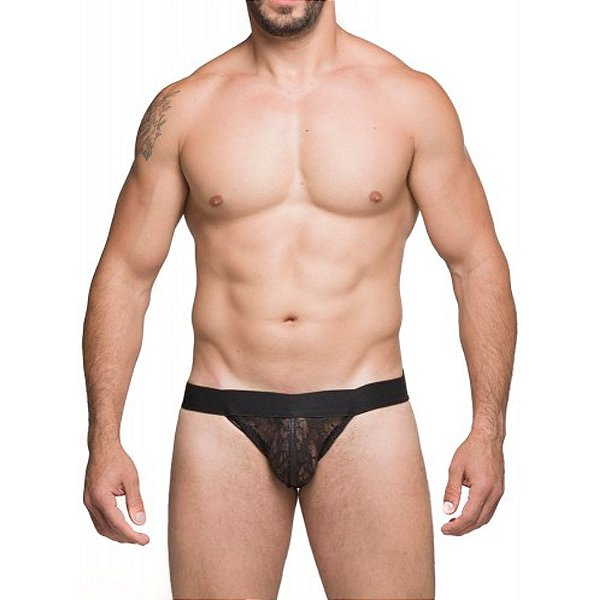 Cueca Jockstrap em Tule com Renda Floral Preto - Steves Designer