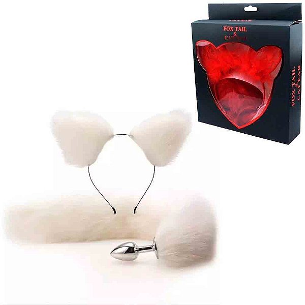 Plug Anal Pequeno Em Metal Com Cauda De Raposa Longa E Tiara Branco