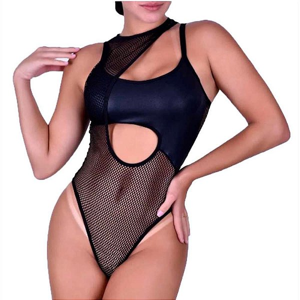 Body Cortesã Sexy Em Arrastão e Lycra Cirrê - Lingerie Sensualle