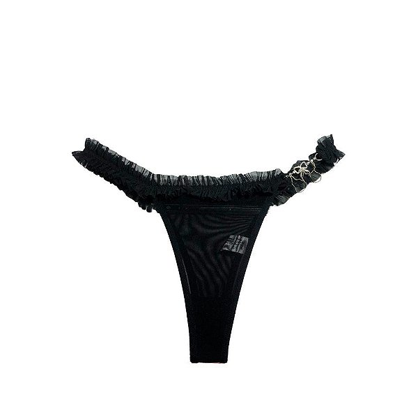 Calcinha Fio Dental Tule Com Joia De Laço Preto - Eross Afrodite