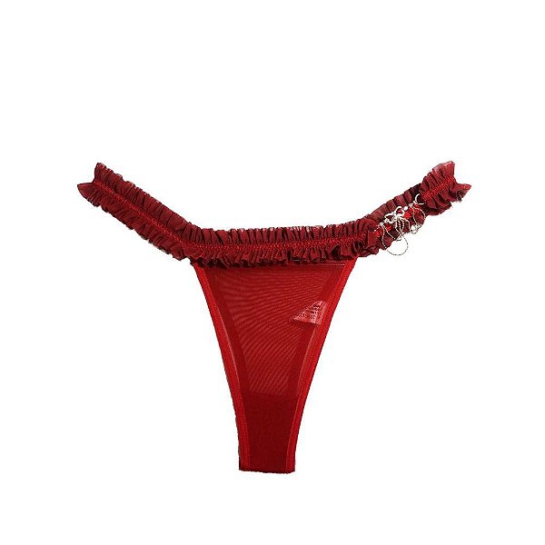 Calcinha Fio Dental Tule Com Joia De Laço Vermelho - Eross Afrodite