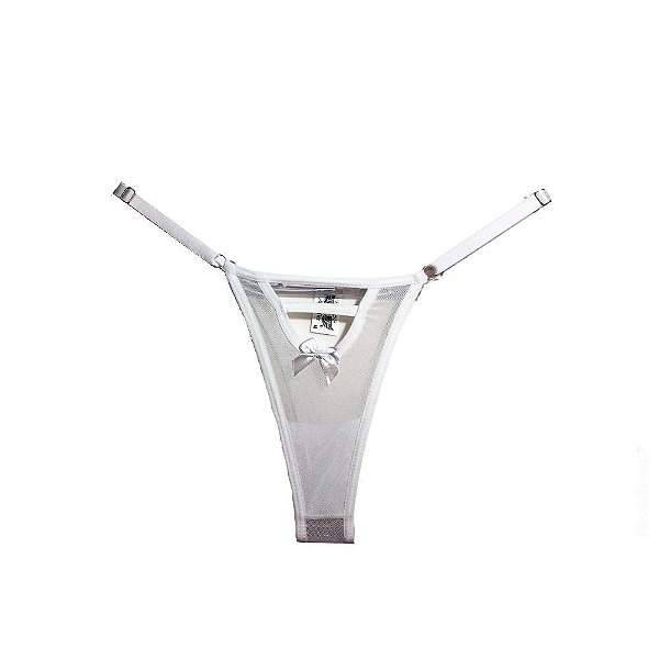 Calcinha Fio Dental Vazada Tule Detalhe De Laço Branco - Eross Afrodite