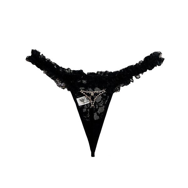 Calcinha Fio Dental Renda Detalhe Joia Preto - Eross Afrodite
