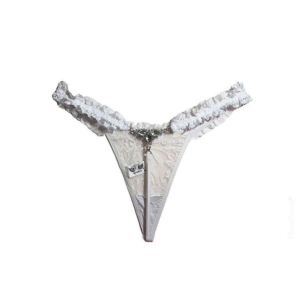 Calcinha Fio Dental Renda Detalhe Joia Branco - Eross Afrodite