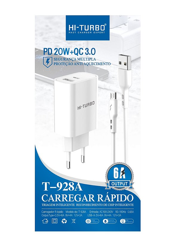Carregador V8 | PD 20W + QC 3.0| Modelo: T-928A