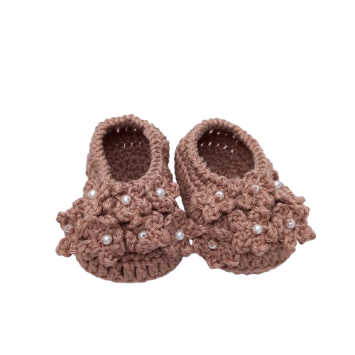 Sapatilha Florzinhas - Cor Castanho - Tamanho P - calça de 0 a 4 meses aproximadamente