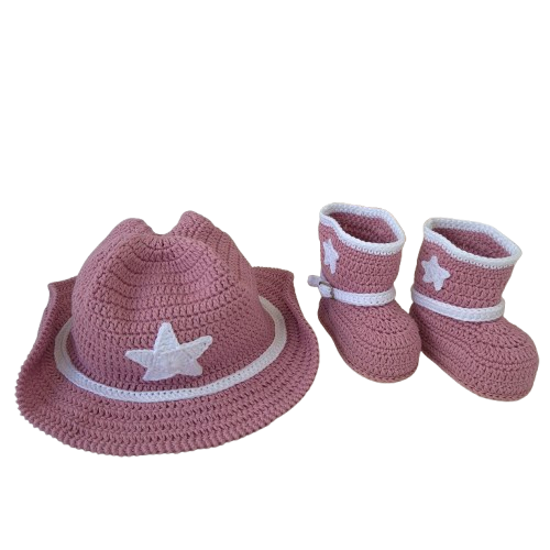 Kit Boiadeira - Chapéu e Bota - cor Fascinação - tamanho 17 - calça de 2 à 4 meses aproximadamente