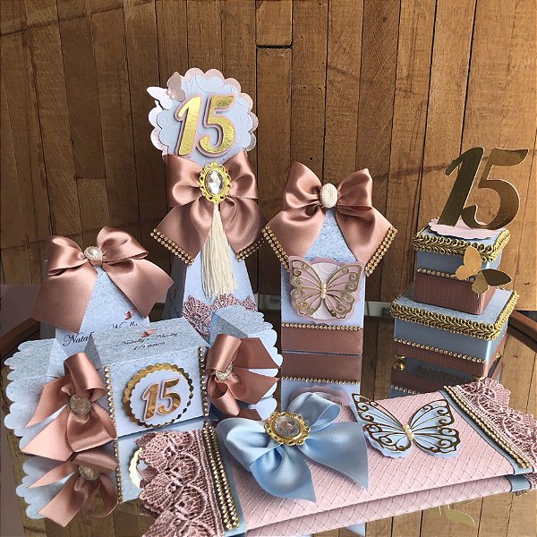 Kit Festa 15 Anos Azul Tiffany e Rosé Gold - Luxo