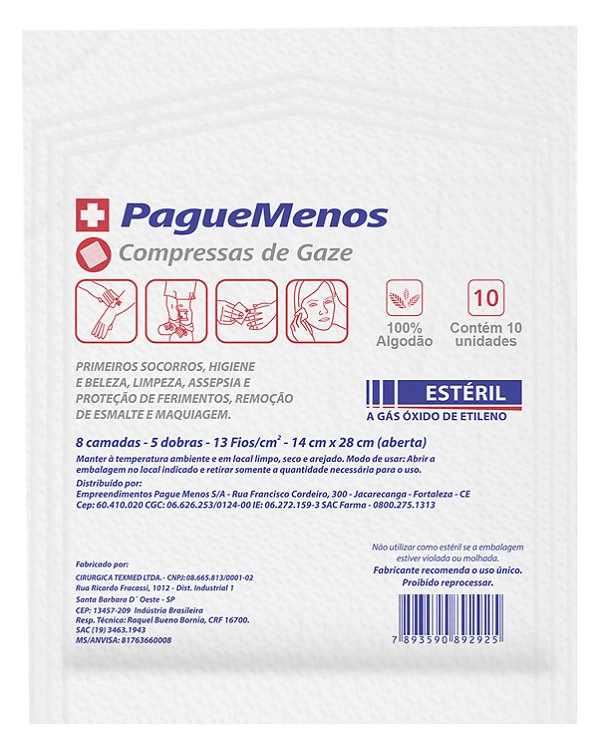 Compressa De Gaze Estéril Texmed 13 Fios 10 Envelopes 100 Un