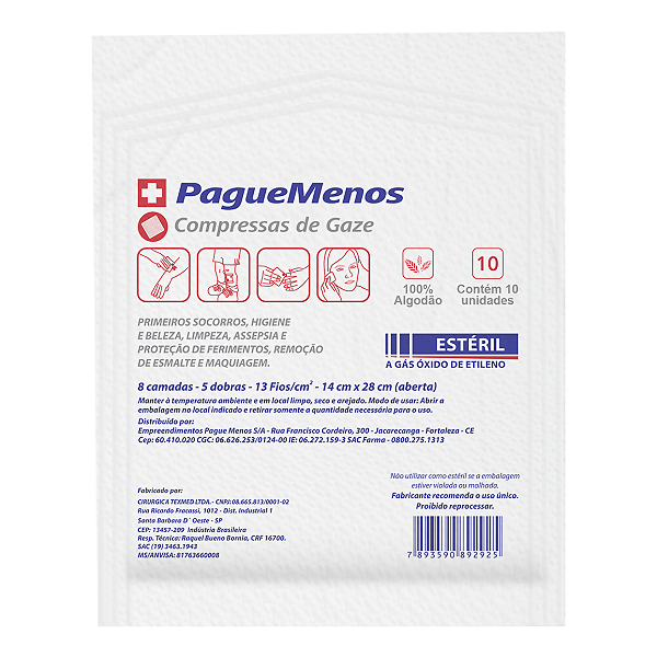 Compressa De Gaze Estéril 11 Fios 50 Pacotes (500 Un)