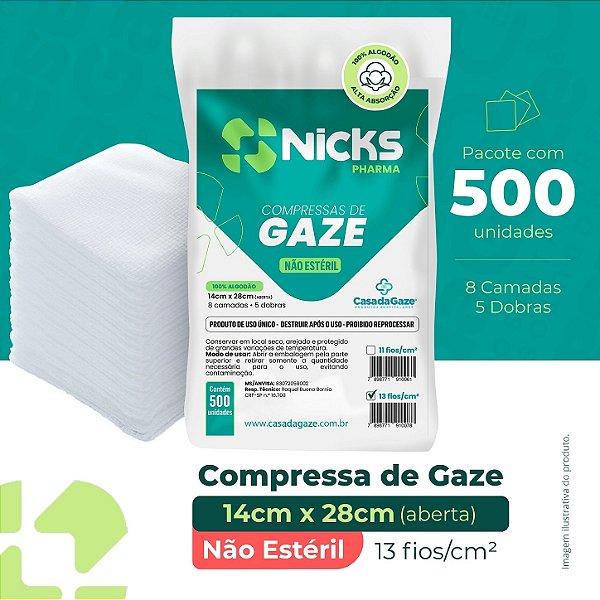 Compressa de Gaze Hidrófila Nicks Pharma 13 Fios 500 Unidades