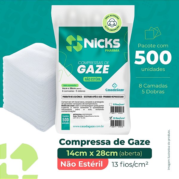 Compressa De Gaze Nicks Pharma 500 Unidades 13 Fios Algodão
