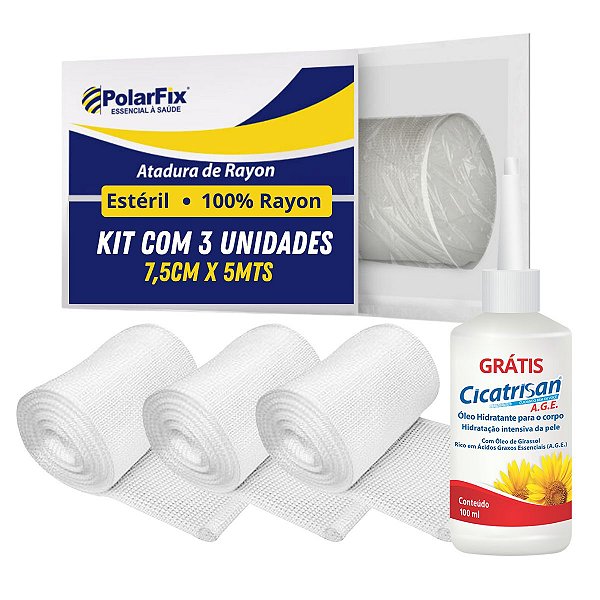 Atadura Rayon Bandagem 7,5cm x 5m  3 Unid + Oleo de Girassol