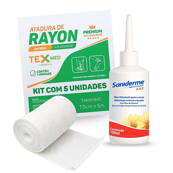 Atadura Rayon Bandagem 7,5cm x 5m 5 Unid + Oleo de Girassol