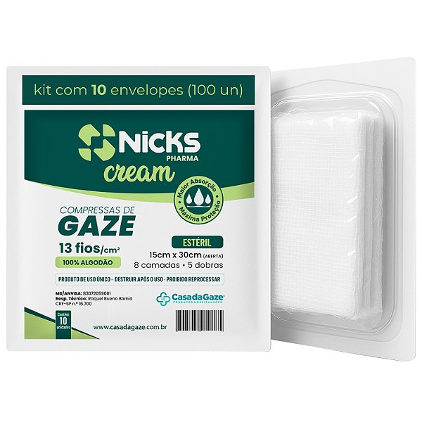 Compressa de Gaze Estéril Algodão Nicks Pharma 13 Fios 7,5x7,5cm (15x30cm aberto) - Kit 10 Envelopes