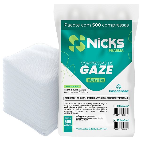 Compressa de Gaze Nicks Pharma 13 Fios 7,5x7,5cm (15x30cm Aberta) 500 Unidades Não Estéril Cream Cremer