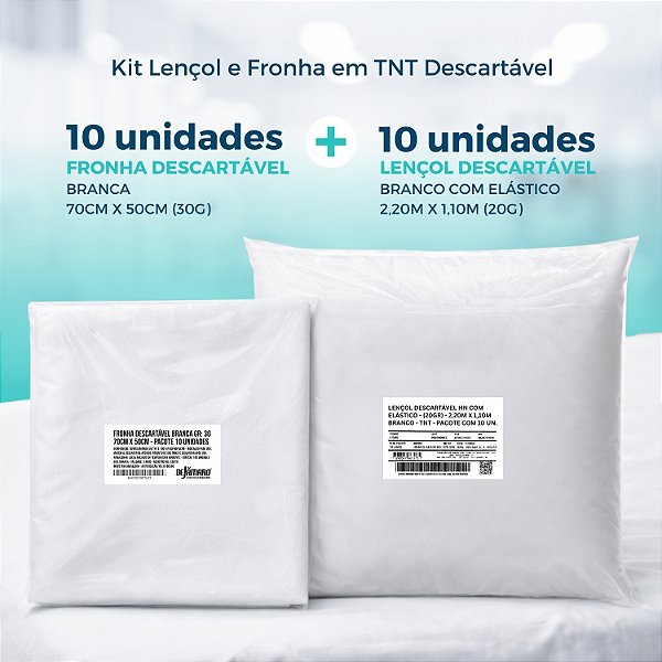 Kit Lençol Descartável TNT com Elástico 20g 2,20x1,10 + Fronha Descartavlel TNT 50x70 – 10 Unidades