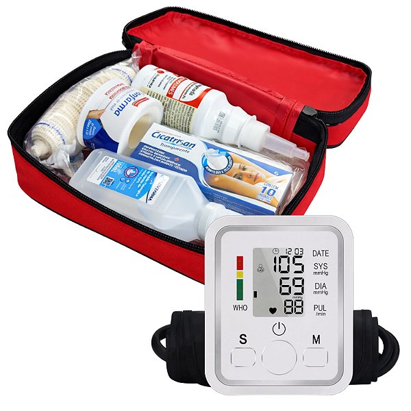 Kit Saúde Familiar: Primeiros Socorros + Medidor de Pressão de Alta Precisão